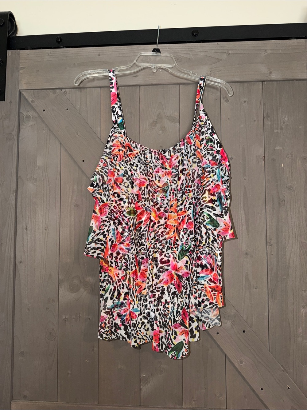 Floral Leopard Ruffle Tankini Top in Bright Multicoloru